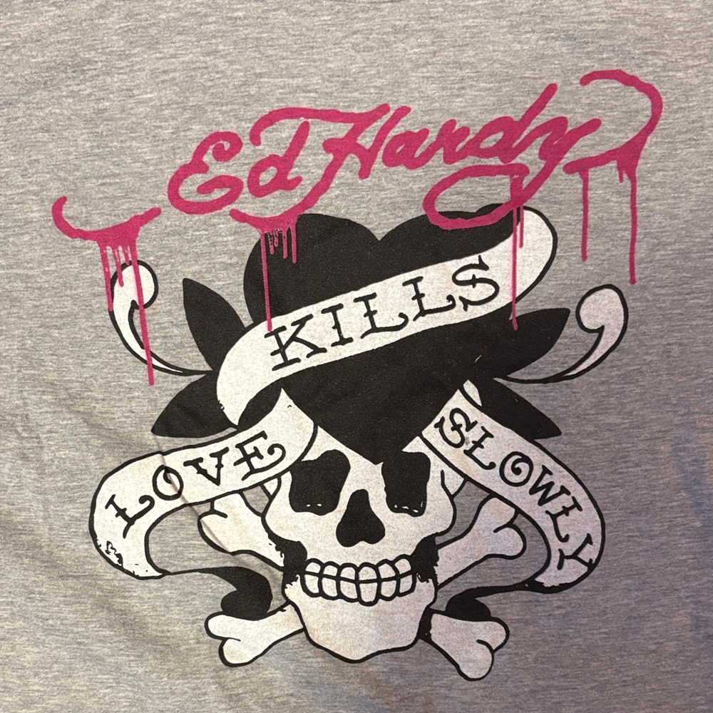 Ed Hardy Gray Crop Top with Pink Logo and Black Skull Graphic - Picture 2 of 5